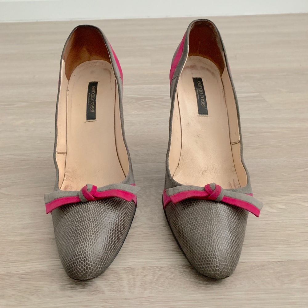 Sergio Rossi Grey Pink Bow Toe Heels - Picture 2 of 9